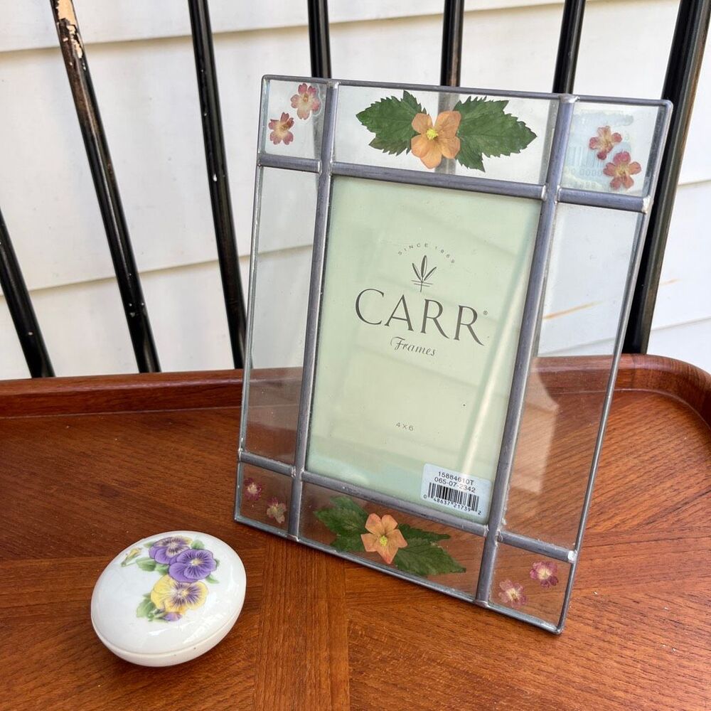 Pressed Flower Stained Glass Frame & Pansy Trinket Box Cottagecore Vanity Set
